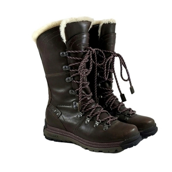 Merrell Nicolette Boots Polartec Brown Waterproof Leather Zip Up Faux Fur Size 6 - Picture 2 of 14